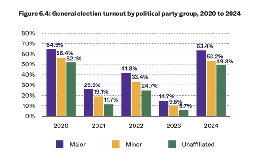 chart of turnout by political party group from 2020 to 2024